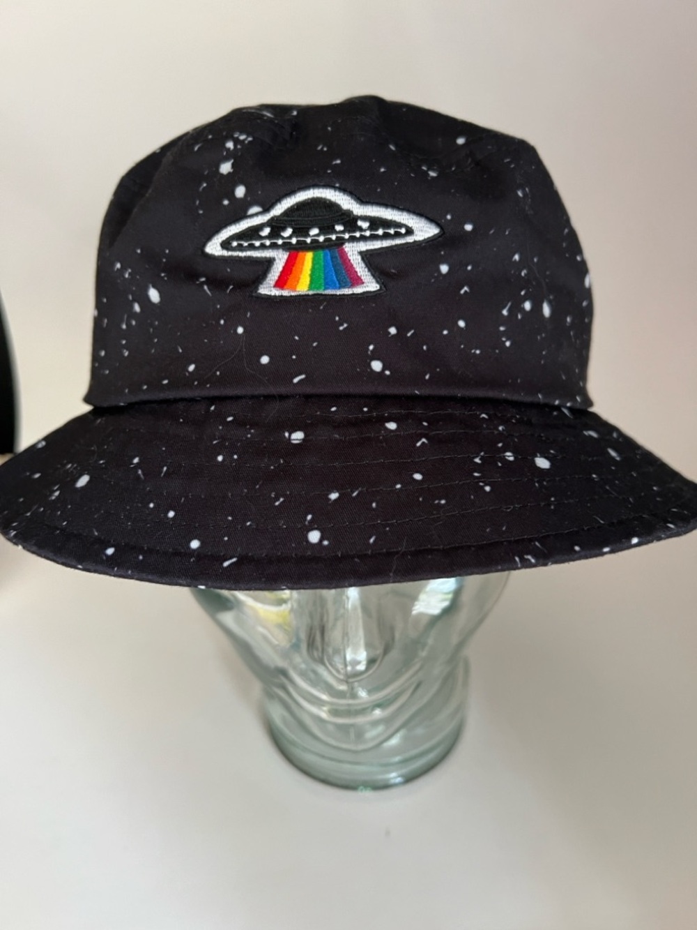 Kolby 3D Alien Speckled Black Bucket Hat Stars & Rainbow UFO Space Festival